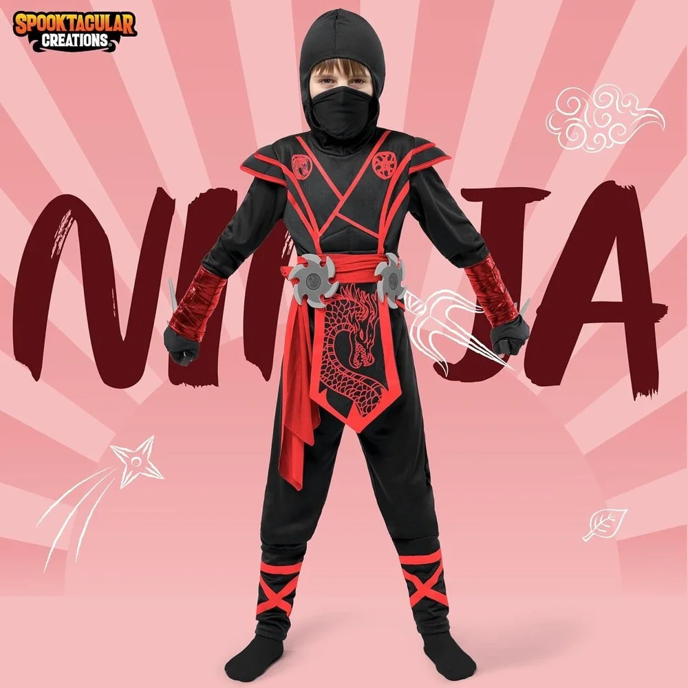 Ninja Costume Kids Size M 8-10 Red Dragon Black Halloween Warrior B2 #2